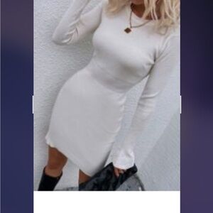 SHEIN Cream Ribbed Bodycon Long Sleeve SweaterDress S